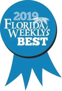 A blue ribbon badge with the text 2019 Florida Weeklys Best in white, featuring a palm tree graphic above the text.