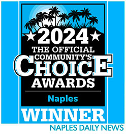 A badge with palm trees, stars, and blue accents reads: 2024 The Official Communitys Choice Awards, Naples WINNER, Naples Daily News.