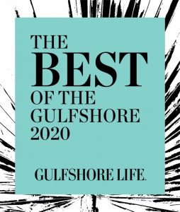 A teal square with black text reads: The Best of the Gulfshore 2020. Gulfshore Life. Black palm frond graphics radiate from behind the square.