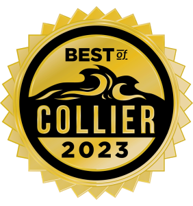 A gold and black badge with stylized waves reads Best of Collier 2023 in bold letters. The badge has a shiny, layered edge and a central circular design.