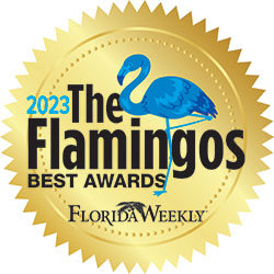 A gold seal reads “2023 The Flamingos Best Awards” with a blue flamingo above the text. “FLORIDA WEEKLY” appears at the bottom with a palm tree design.