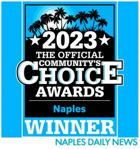 2023 The Official Community’s Choice Awards winner badge with palm trees, a sun, and “Naples” highlighted. Naples Daily News is written at the bottom in blue.
