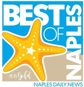 A graphic for Best of Naples by Naples Daily News features a large yellow starfish, a sandy background, and blue sky. Text reads 2018 Gold and NAPLES along the right side in bold white letters.