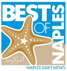 Logo for “Best of Naples” by Naples Daily News featuring a starfish on a blue and white background, with “2019 Gold” written in script. Bold white text reads BEST OF NAPLES vertically and horizontally.