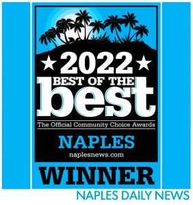 A graphic with palm trees and a sunset reads: 2022 Best of the Best - The Official Community Choice Awards. NAPLES naplesnews.com WINNER. Blue and black color scheme. Naples Daily News logo at the bottom.