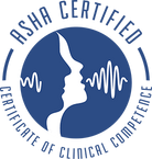 Blue circular logo with white silhouette of overlapping human profiles, sound waves, and the text ASHA Certified Certificate of Clinical Competence around the edge.