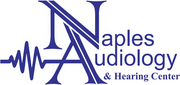 Logo for Naples Audiology & Hearing Center. The large overlapping letters N and A are stylized, with a sound wave graphic to the left. The text is in blue.