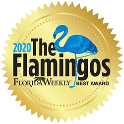 Gold seal featuring a blue flamingo and the text: 2020 The Flamingos Florida Weekly Best Award.