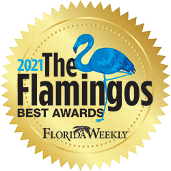 Gold seal badge with a blue flamingo and text: 2021 The Flamingos Best Awards and Florida Weekly below, with a palm tree design under the text.