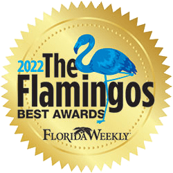 A gold seal reads 2022 The Flamingos Best Awards with a blue flamingo illustration above Florida Weekly.