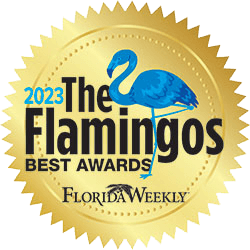 A gold, round seal badge with a blue flamingo and the text 2023 The Flamingos Best Awards, Florida Weekly in black and blue letters.