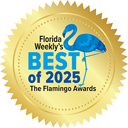 A gold seal featuring a blue flamingo and the text Florida Weeklys Best of 2025 The Flamingo Awards.