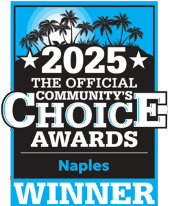 A blue, black, and white badge with palm trees and stars reads: “2025 The Official Community’s Choice Awards, Naples, Winner.”.