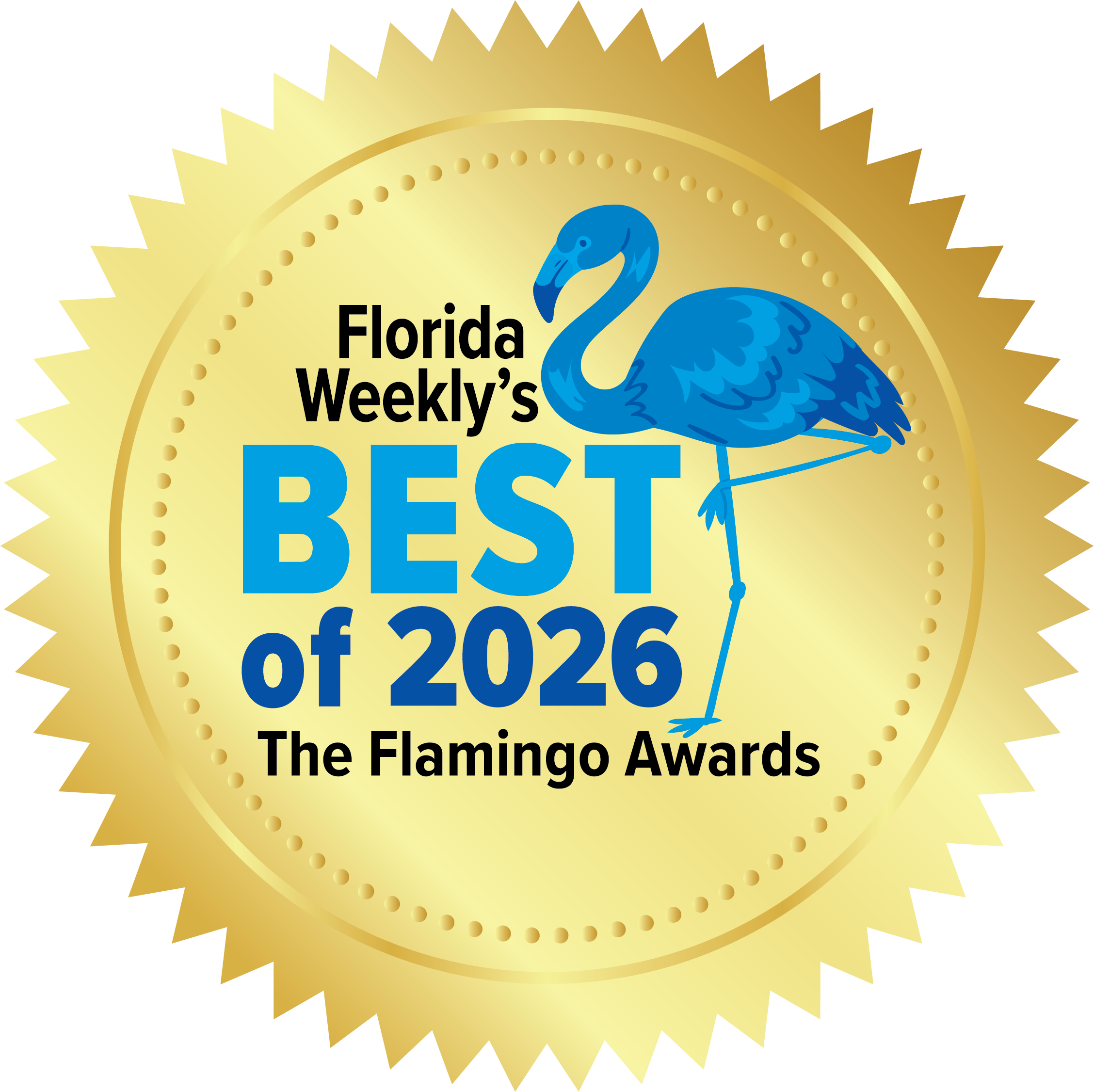 A gold circular seal with a blue flamingo and the text Florida Weeklys BEST of 2026 The Flamingo Awards in bold blue and black letters.